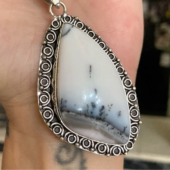 925 sterling silver overlay white grey agate gemstone charm boho stone necklace - Picture 7 of 14
